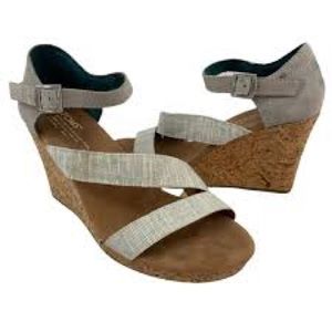 TOMS Suede/Canvas Strappy Cork Wedges